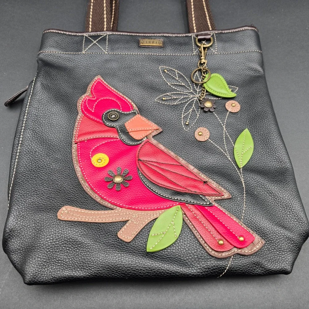 Chala Handbags Cardinal Bird Large Tote Black Vegan Leather Shoulder Bag